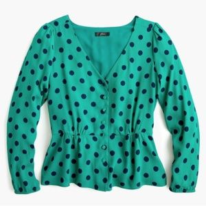 J. Crew Green Polka-Dot Peplum Top, L